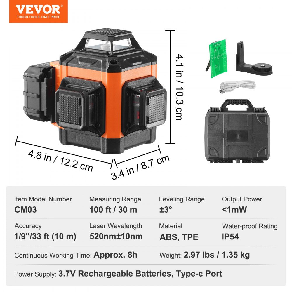 100ft Self Leveling Laser Level, Manual Green 3 x 360° Cross Line Laser, Remote Control Manual Self-leveling Mode & IP54 Waterproof 8h Continuous Working Time Line Laser, Battery/Stand Included