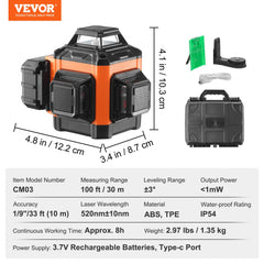 100ft Self Leveling Laser Level, Manual Green 3 x 360° Cross Line Laser, Remote Control Manual Self-leveling Mode & IP54 Waterproof 8h Continuous Working Time Line Laser, Battery/Stand Included