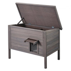 Outdoor wooden cat house with insulated shelter and PVC flaps for weather protection.