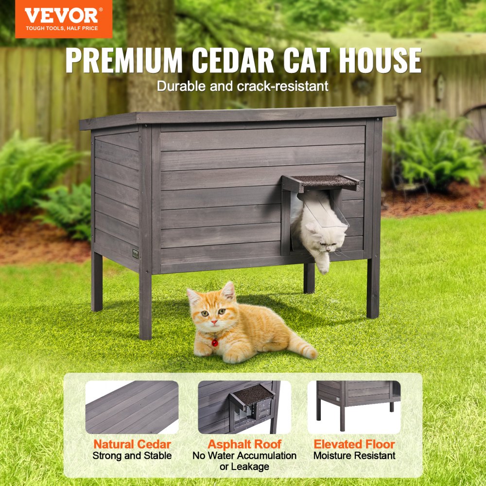 Outdoor wooden cat house with insulated walls, PVC flaps, and a sloped waterproof roof.