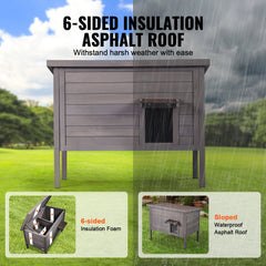 Outdoor wooden cat house with insulated shelter and PVC flaps for weather protection.
