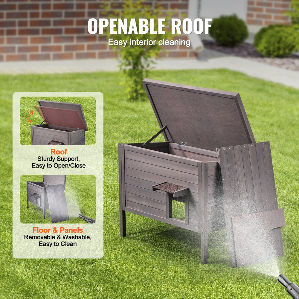 Outdoor wooden cat house with insulated shelter and PVC flaps for weather protection.