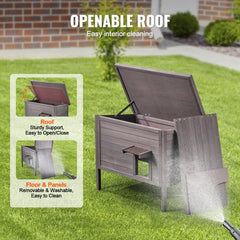 Outdoor wooden cat house with insulated shelter and PVC flaps for weather protection.
