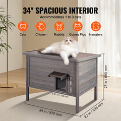 Outdoor wooden cat house with insulated shelter and PVC flaps for weather protection.