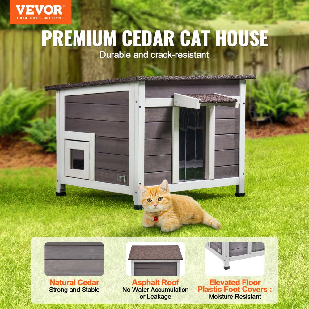 Wooden outdoor cat house made of cedar with asphalt roof, window, and orange cat lounging in front.