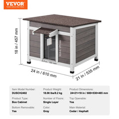 Gray wooden outdoor cat house with cedar construction, asphalt roof, window, and dimensions shown.