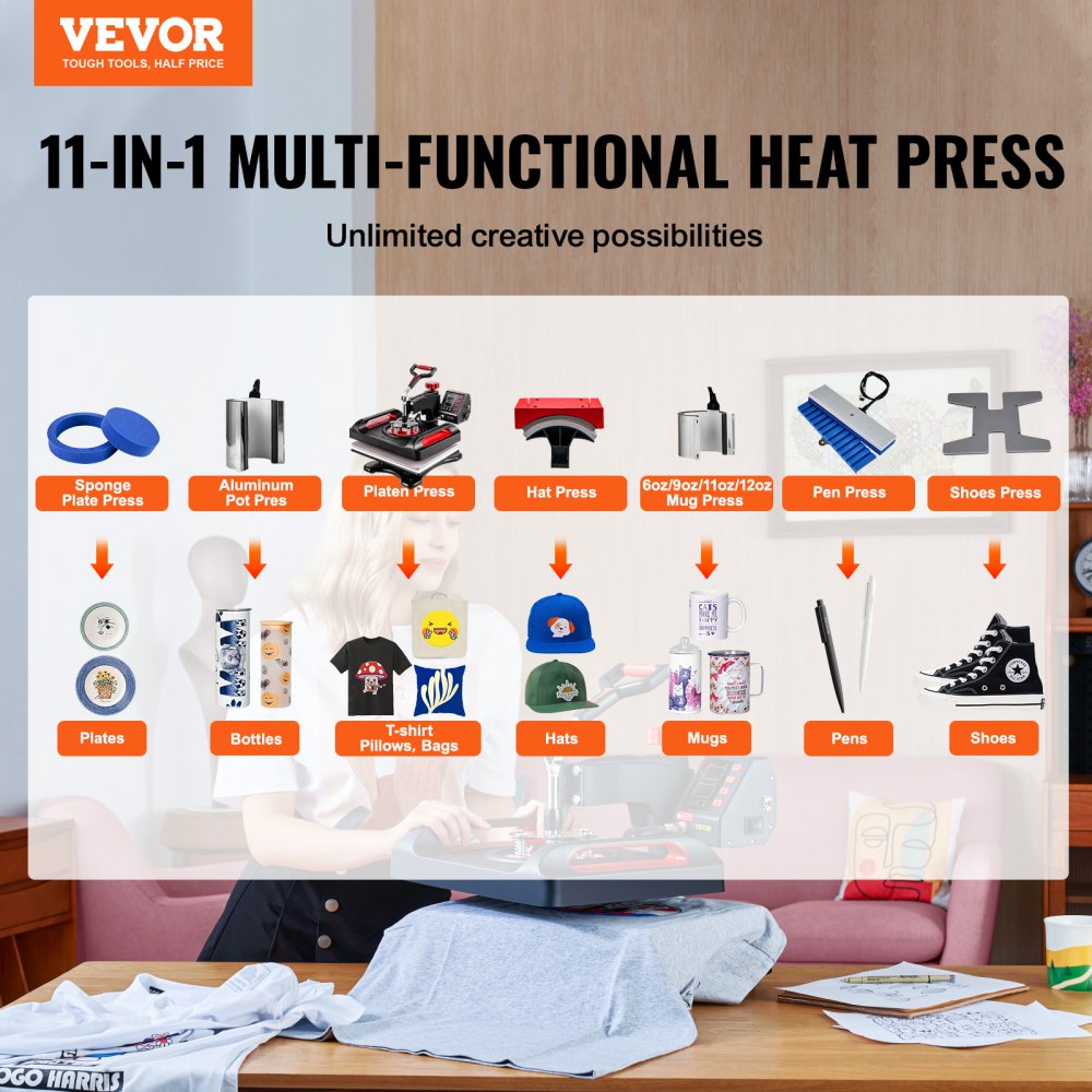 11 in 1 Heat Press, 12 x 15 Inch, Multifunctional Clamshell Printer, Digital Dual-Tube Heat Press Transfer Machine, Swing Away Sublimation Machine for T-Shirt Hat Cap Mug Plate Pen Shoes Black，360° Swing Away Design