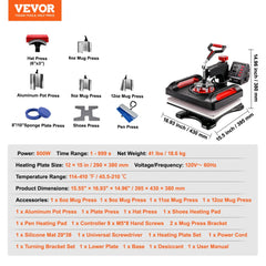 11 in 1 Heat Press, 12 x 15 Inch, Multifunctional Clamshell Printer, Digital Dual-Tube Heat Press Transfer Machine, Swing Away Sublimation Machine for T-Shirt Hat Cap Mug Plate Pen Shoes Black，360° Swing Away Design