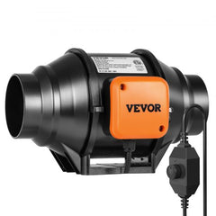 Black 4-inch inline duct fan with orange VEVOR label and variable speed controller.