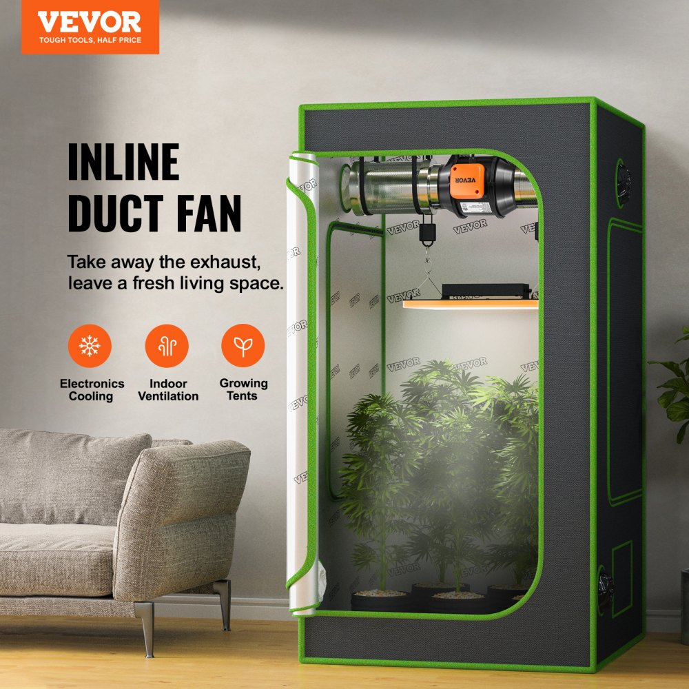 4-inch inline duct fan with 200 CFM capacity, variable speed control, and orange housing.