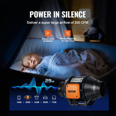 4-inch inline duct fan with 200 CFM airflow, variable speed control, and quiet 29 dB operation.