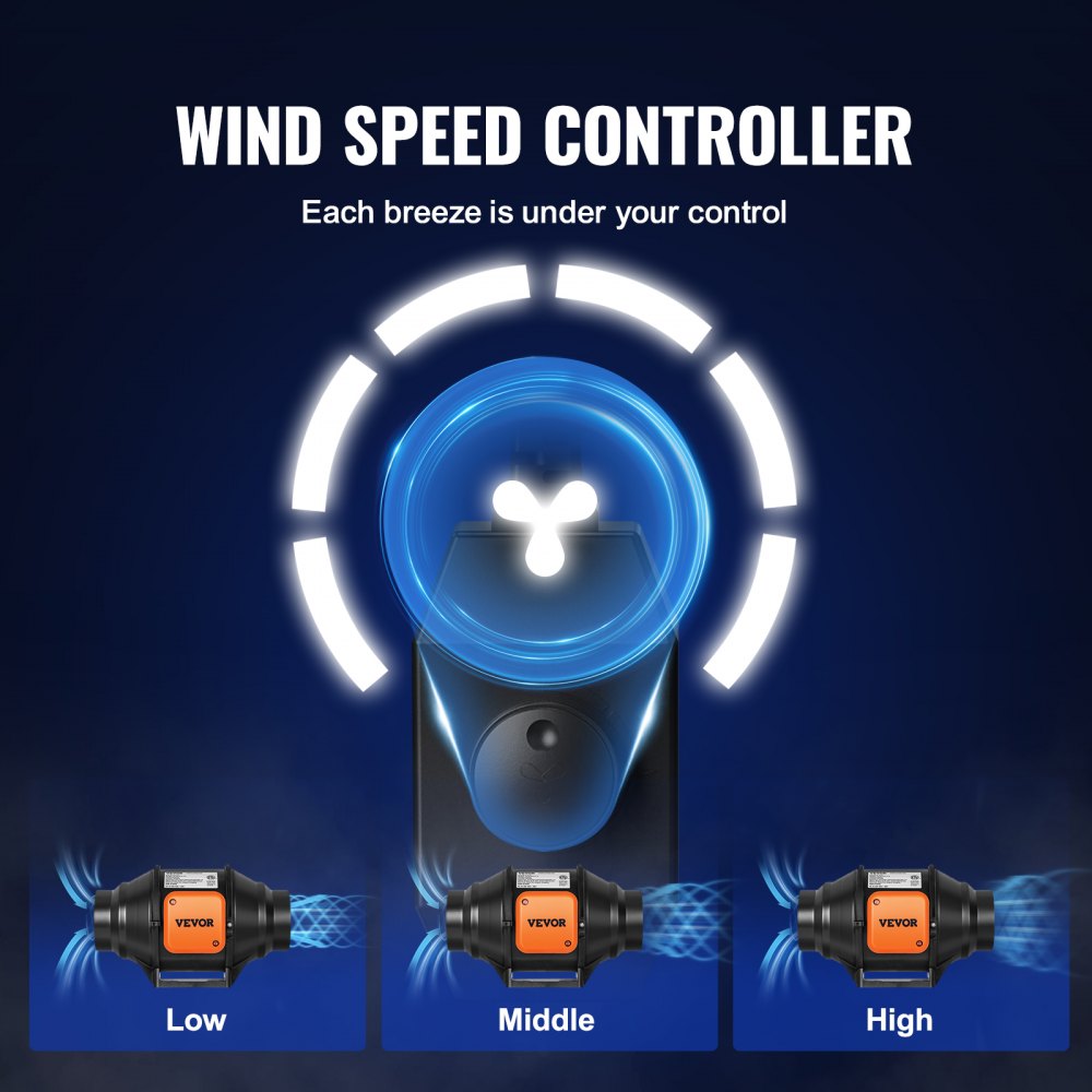 4-inch inline duct fan with 200 CFM capacity and variable speed control dial showing low, medium, and high settings.