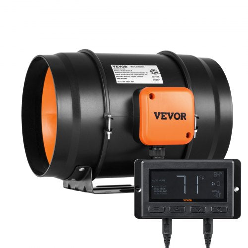 8-inch inline duct fan with EC motor, 807 CFM variable speed controller, and orange accents.