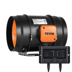 8-inch inline duct fan with EC motor, 807 CFM variable speed controller, and orange accents.