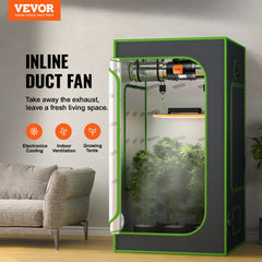 8-inch inline duct fan with EC motor and variable speed controller mounted in a green grow tent.