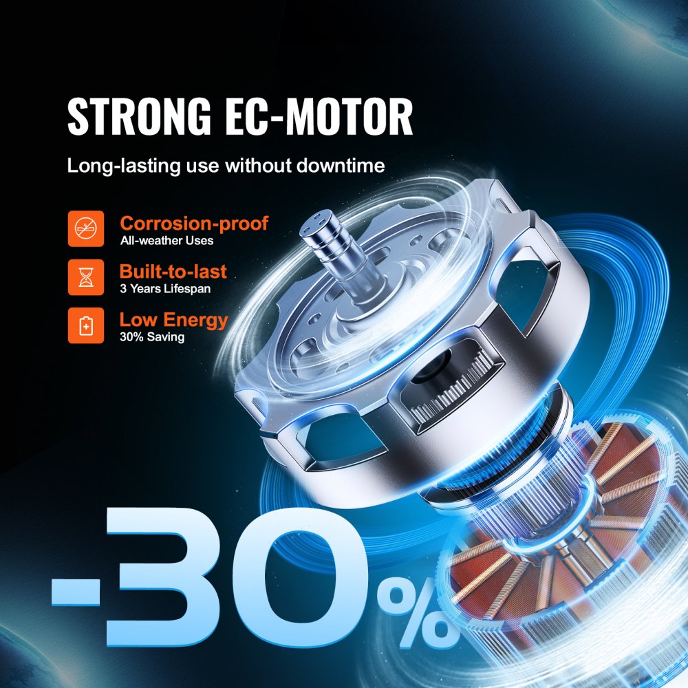 8-inch inline duct fan with EC motor, showing 807 CFM variable speed and 30% low energy features.