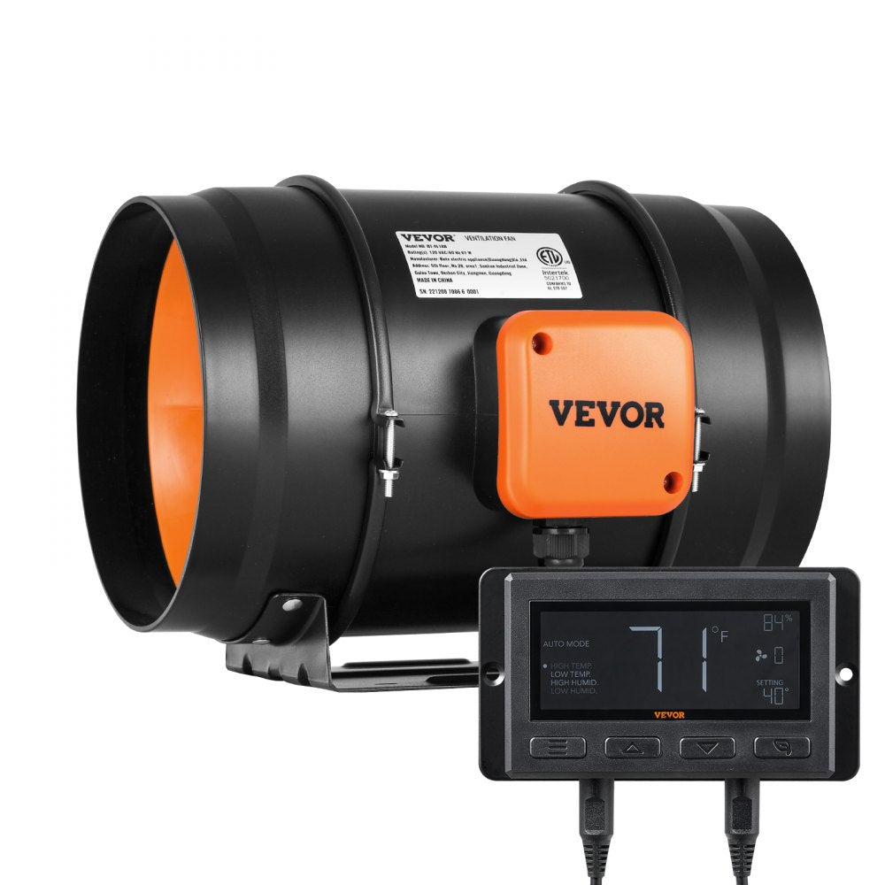 8-inch inline duct fan with EC motor, 807 CFM variable speed controller, and orange accents.