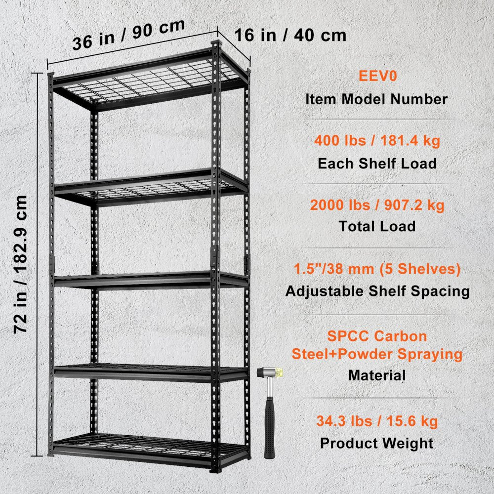Storage Shelving Unit, 5-Tier Adjustable, 2000 lbs Capacity, Heavy Duty Garage Shelves Metal Organizer Wire Rack, Black, 36" L x 16" W x 72" H for Kitchen Pantry Basement Bathroom Laundry Closet