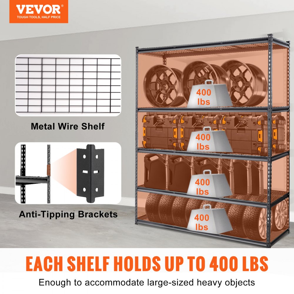 Storage Shelving Unit, 5-Tier Adjustable, 2000 lbs Capacity, Heavy Duty Garage Shelves Metal Organizer Wire Rack, Black, 60" L x 24" W x 78" H for Kitchen Pantry Basement Bathroom Laundry Closet