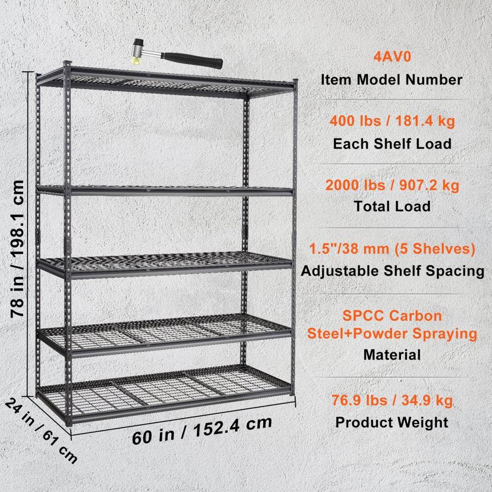 Storage Shelving Unit, 5-Tier Adjustable, 2000 lbs Capacity, Heavy Duty Garage Shelves Metal Organizer Wire Rack, Black, 60" L x 24" W x 78" H for Kitchen Pantry Basement Bathroom Laundry Closet