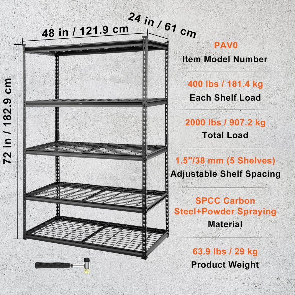 Storage Shelving Unit, 5-Tier Adjustable, 2000 lbs Capacity, Heavy Duty Garage Shelves Metal Organizer Wire Rack, Black, 48" L x 24" W x 72" H for Kitchen Pantry Basement Bathroom Laundry Closet