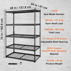 Storage Shelving Unit, 5-Tier Adjustable, 2000 lbs Capacity, Heavy Duty Garage Shelves Metal Organizer Wire Rack, Black, 48" L x 24" W x 72" H for Kitchen Pantry Basement Bathroom Laundry Closet