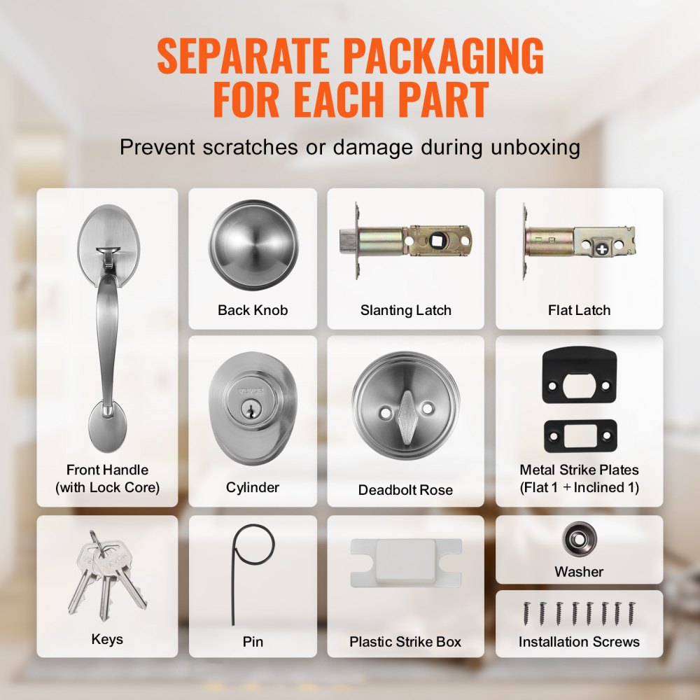 Front Door Handle and Deadbolt Set, Satin Nickel Front Door Lock Set with Interior Knob, Adjustable Hole Spacing Single Cylinder Handleset, for Right and Left Handed Entrance and Front Door