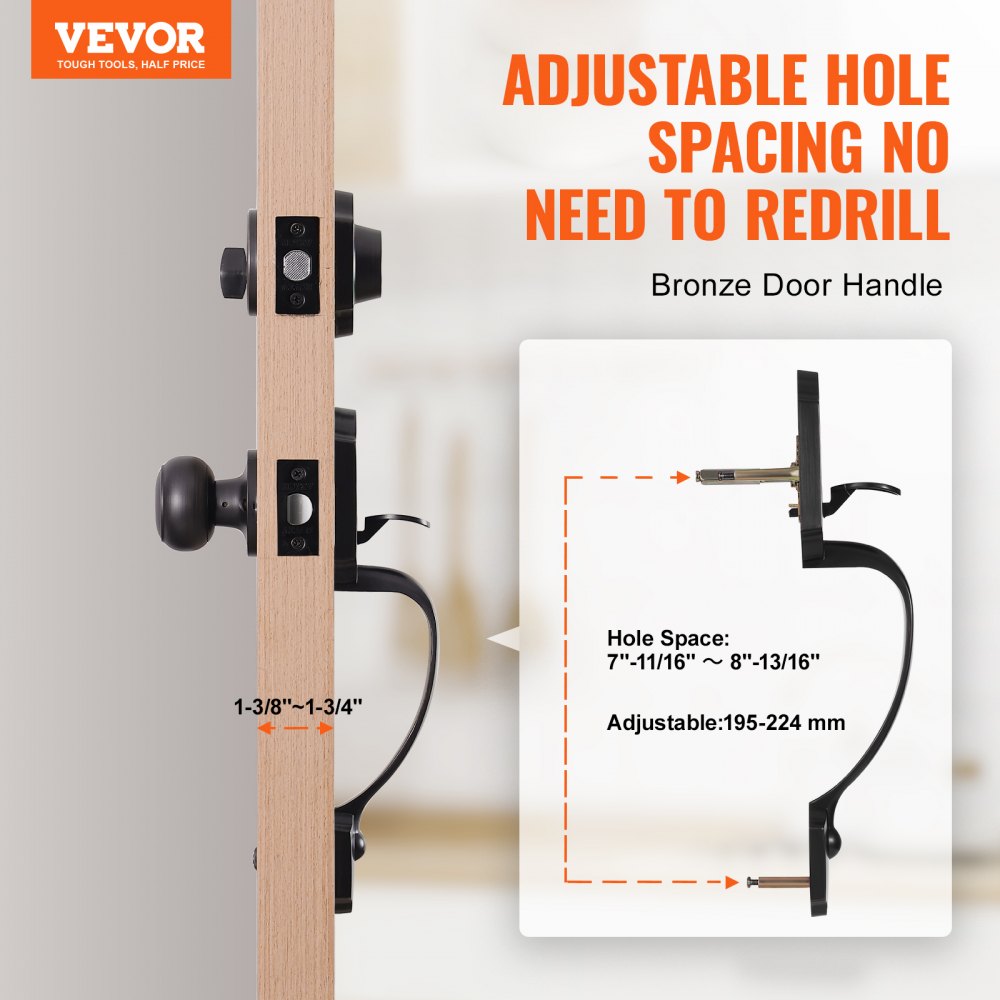 Front Door Handle and Deadbolt Set, Antique Copper Front Door Lock Set with Interior Knob, Adjustable Hole Spacing Single Cylinder Handleset, for Right and Left Handed Entrance and Front Door