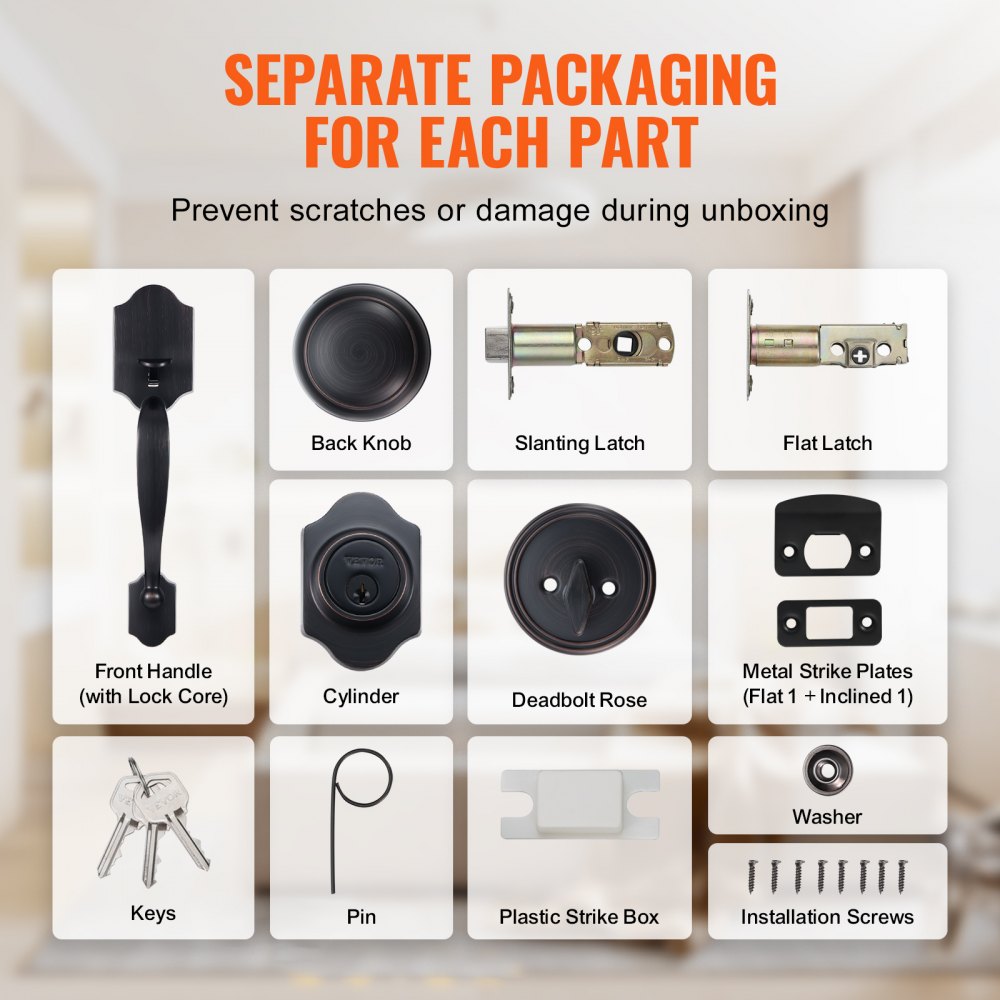 Front Door Handle and Deadbolt Set, Antique Copper Front Door Lock Set with Interior Knob, Adjustable Hole Spacing Single Cylinder Handleset, for Right and Left Handed Entrance and Front Door