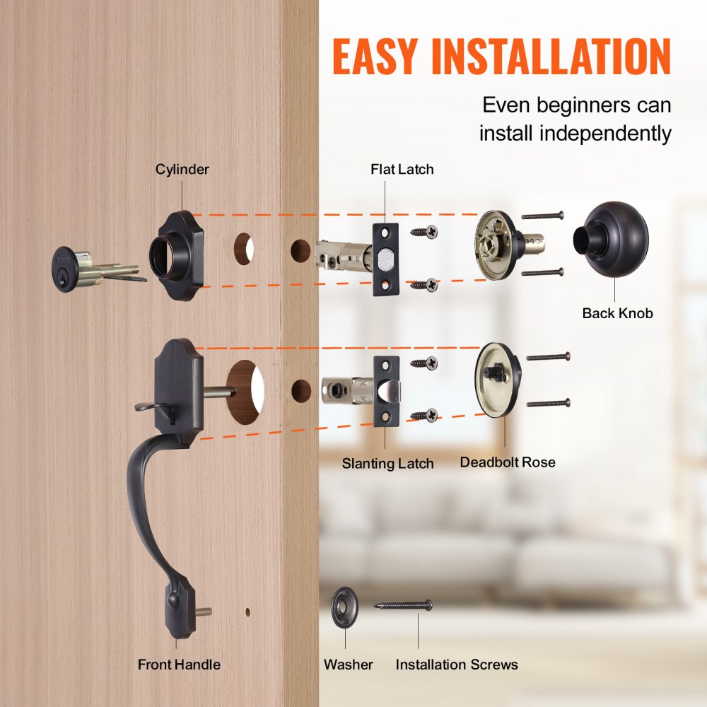 Front Door Handle and Deadbolt Set, Antique Copper Front Door Lock Set with Interior Knob, Adjustable Hole Spacing Single Cylinder Handleset, for Right and Left Handed Entrance and Front Door
