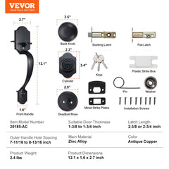 Front Door Handle and Deadbolt Set, Antique Copper Front Door Lock Set with Interior Knob, Adjustable Hole Spacing Single Cylinder Handleset, for Right and Left Handed Entrance and Front Door