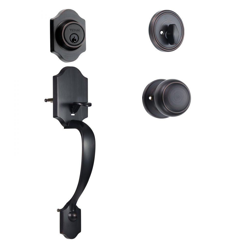 Front Door Handle and Deadbolt Set, Antique Copper Front Door Lock Set with Interior Knob, Adjustable Hole Spacing Single Cylinder Handleset, for Right and Left Handed Entrance and Front Door