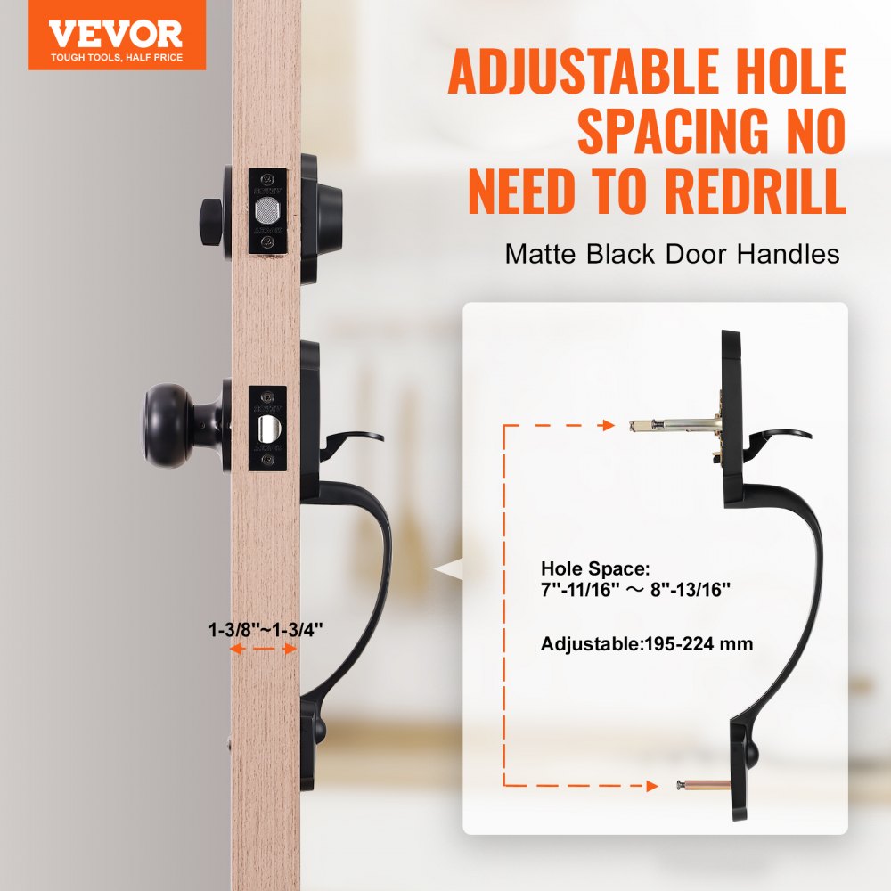 Front Door Handle and Deadbolt Set, Matte Black Front Door Lock Set with Interior Knob,  Adjustable Hole Spacing Single Cylinder Handleset, for Right and Left Handed Entrance and Front Door