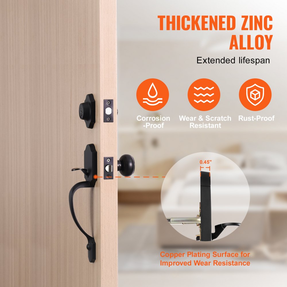Front Door Handle and Deadbolt Set, Matte Black Front Door Lock Set with Interior Knob,  Adjustable Hole Spacing Single Cylinder Handleset, for Right and Left Handed Entrance and Front Door