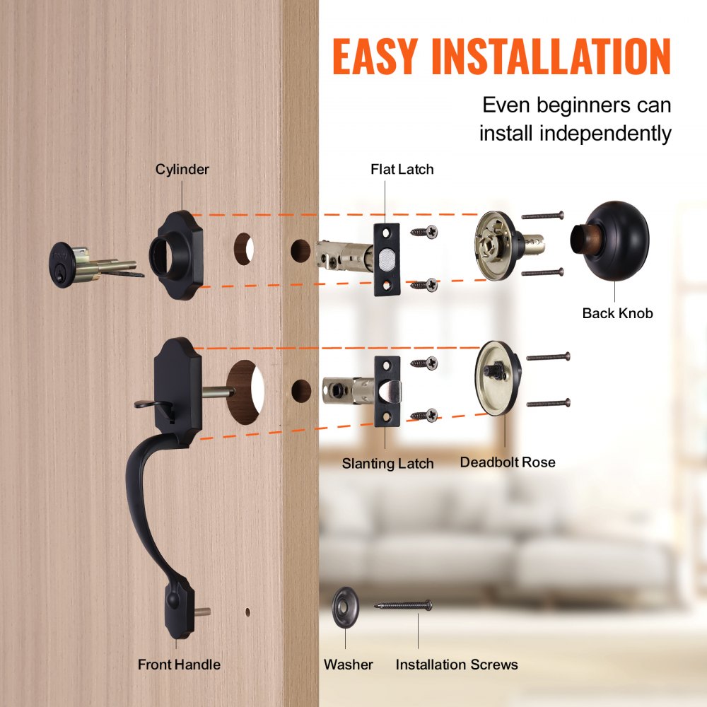 Front Door Handle and Deadbolt Set, Matte Black Front Door Lock Set with Interior Knob,  Adjustable Hole Spacing Single Cylinder Handleset, for Right and Left Handed Entrance and Front Door