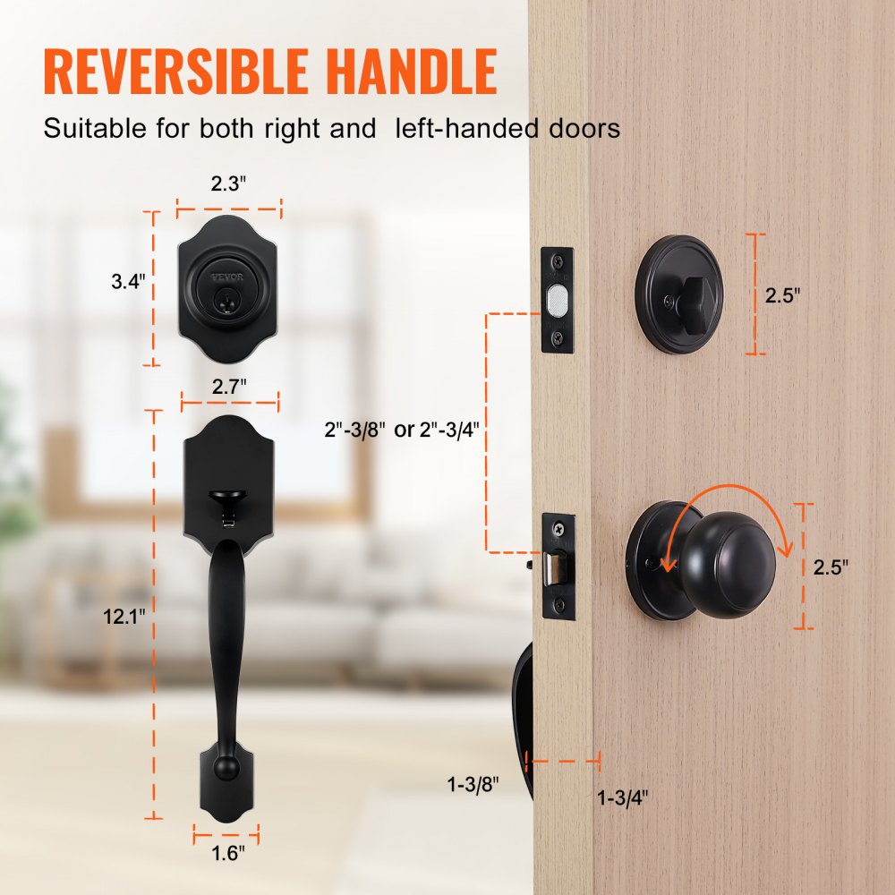Front Door Handle and Deadbolt Set, Matte Black Front Door Lock Set with Interior Knob,  Adjustable Hole Spacing Single Cylinder Handleset, for Right and Left Handed Entrance and Front Door