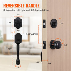 Front Door Handle and Deadbolt Set, Matte Black Front Door Lock Set with Interior Knob,  Adjustable Hole Spacing Single Cylinder Handleset, for Right and Left Handed Entrance and Front Door
