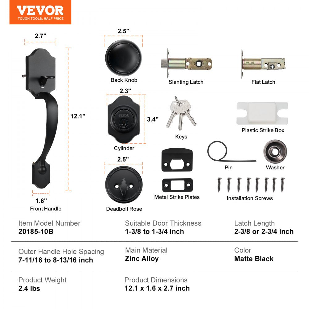 Front Door Handle and Deadbolt Set, Matte Black Front Door Lock Set with Interior Knob,  Adjustable Hole Spacing Single Cylinder Handleset, for Right and Left Handed Entrance and Front Door