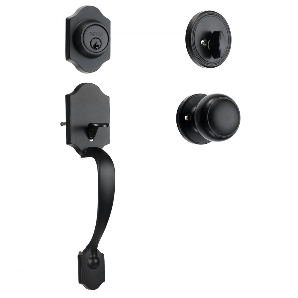 Front Door Handle and Deadbolt Set, Matte Black Front Door Lock Set with Interior Knob,  Adjustable Hole Spacing Single Cylinder Handleset, for Right and Left Handed Entrance and Front Door