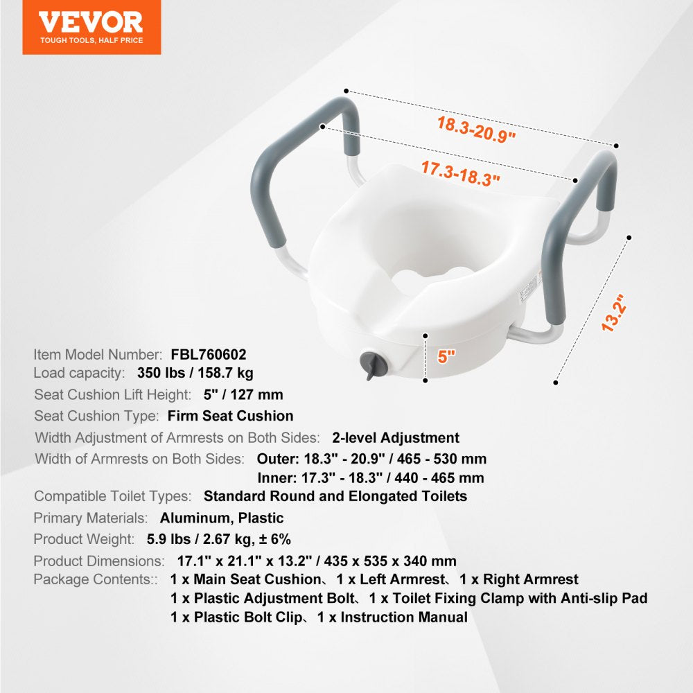 Raised Toilet Seat, 5" Height Raised, 350 lbs Weight Capacity, for Round and Elongated Toilet, Twist Lock Installation,19.1" - 21.7" Adjustable Width, for Elderly, Handicap, Patient, Pregnant, M