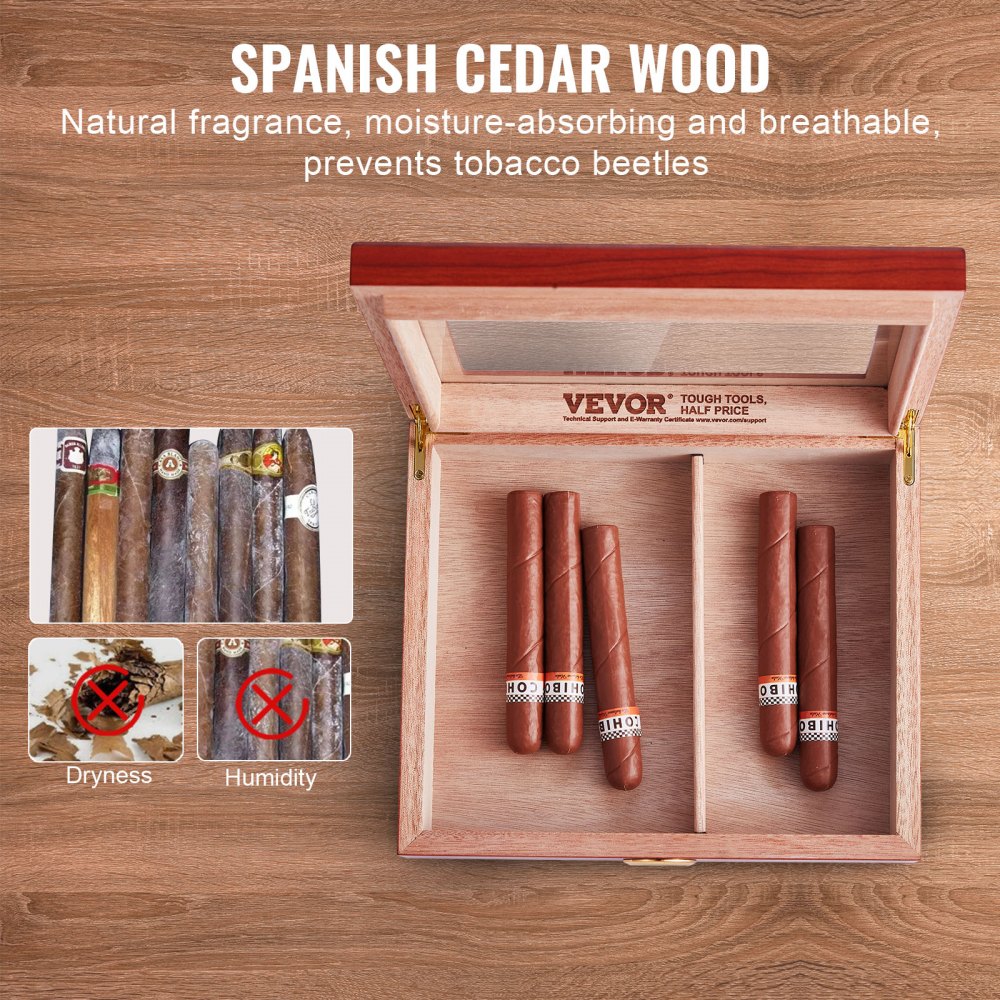 25 Cigars Humidor Glasstop Cedar Cigar Storage Box Humidifier Hygrometer