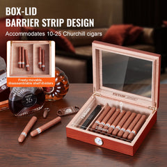 25 Cigars Humidor Glasstop Cedar Cigar Storage Box Humidifier Hygrometer