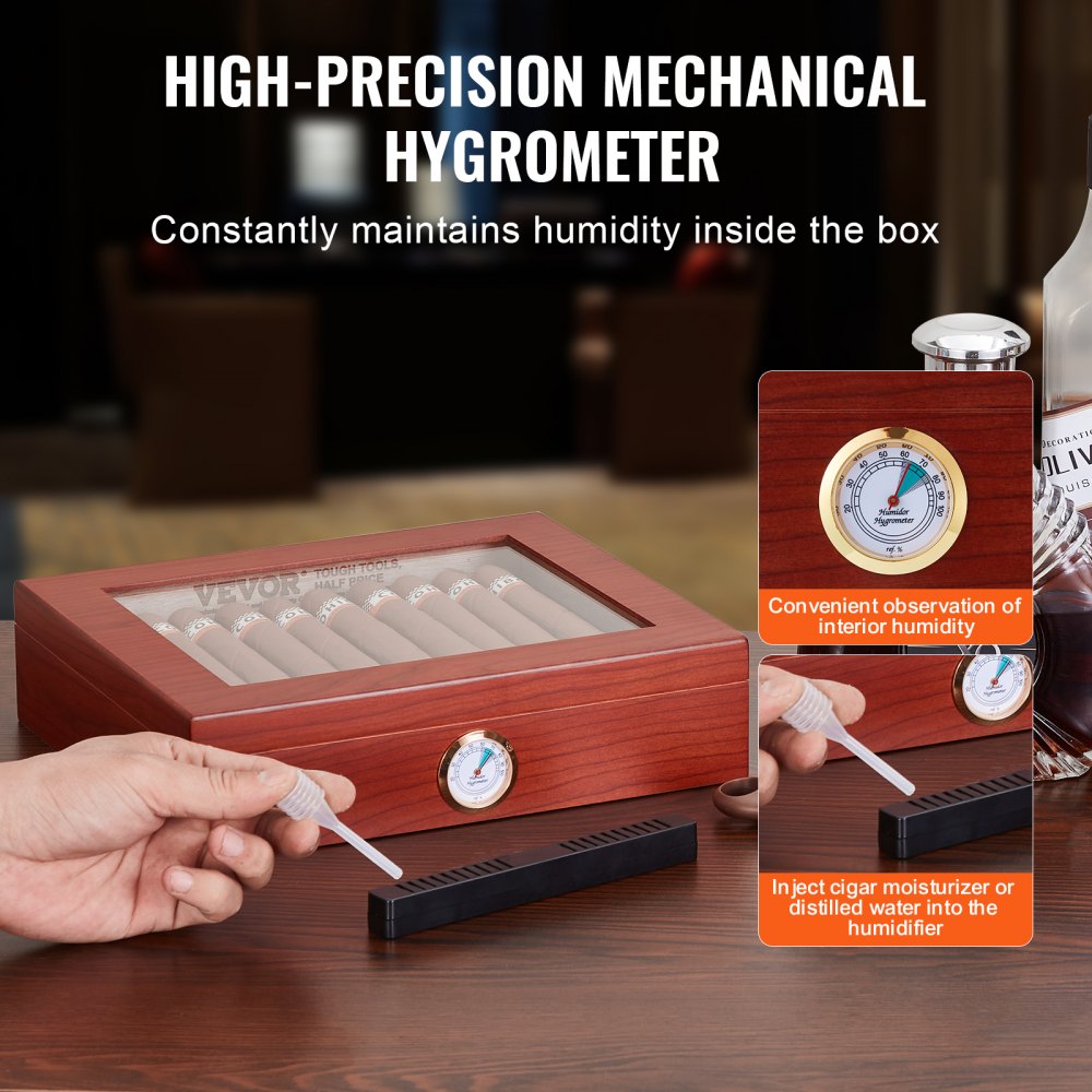 25 Cigars Humidor Glasstop Cedar Cigar Storage Box Humidifier Hygrometer