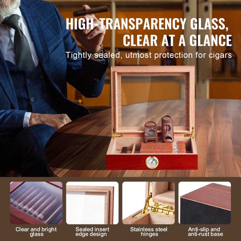 25 Cigars Humidor Glasstop Cedar Cigar Storage Box Humidifier Hygrometer