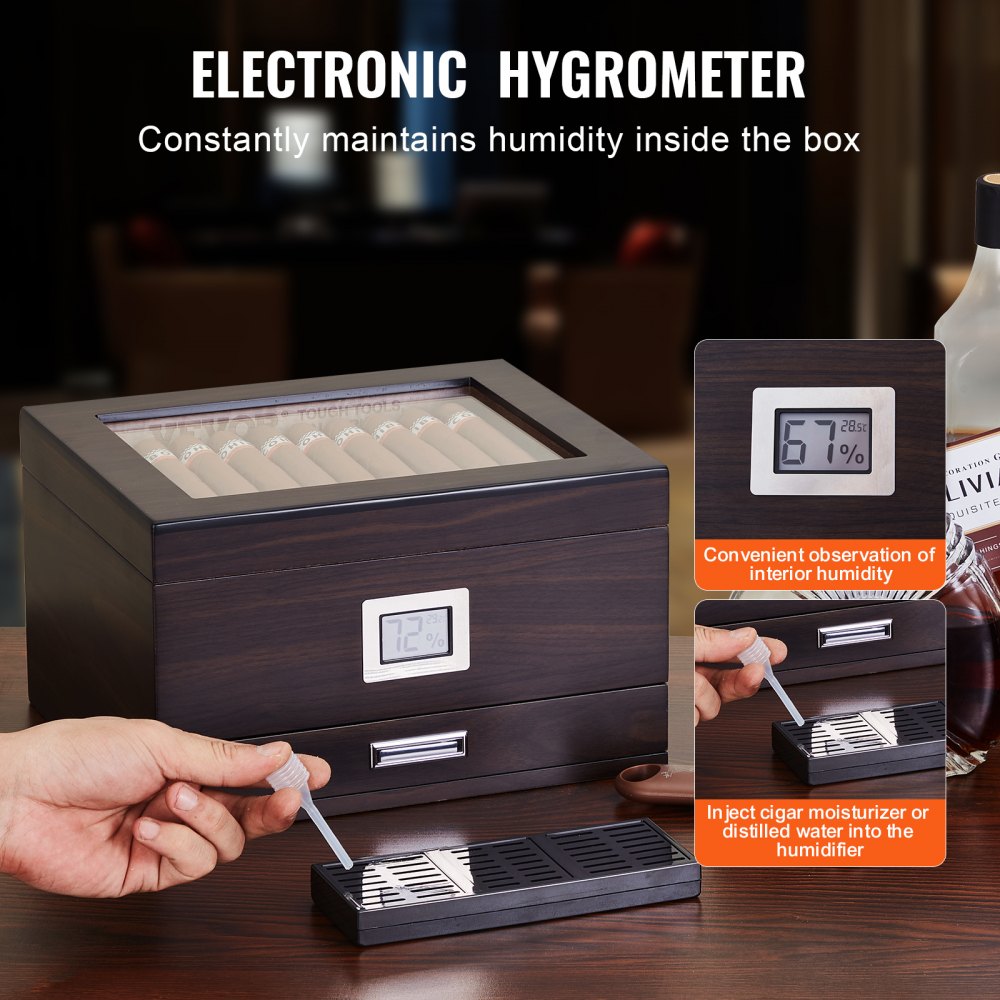 50 Cigar Humidor Glasstop Cedar Cigar Box Humidifier & Hygrometer & Drawer
