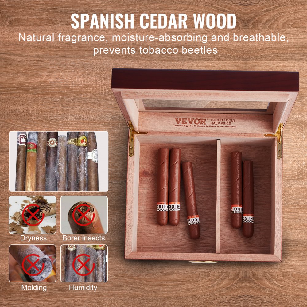 50 Cigars Humidor Glasstop Cedar Cigar Storage Box Humidifier Hygrometer