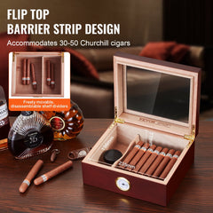 50 Cigars Humidor Glasstop Cedar Cigar Storage Box Humidifier Hygrometer
