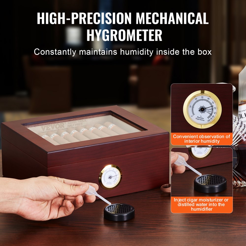 50 Cigars Humidor Glasstop Cedar Cigar Storage Box Humidifier Hygrometer