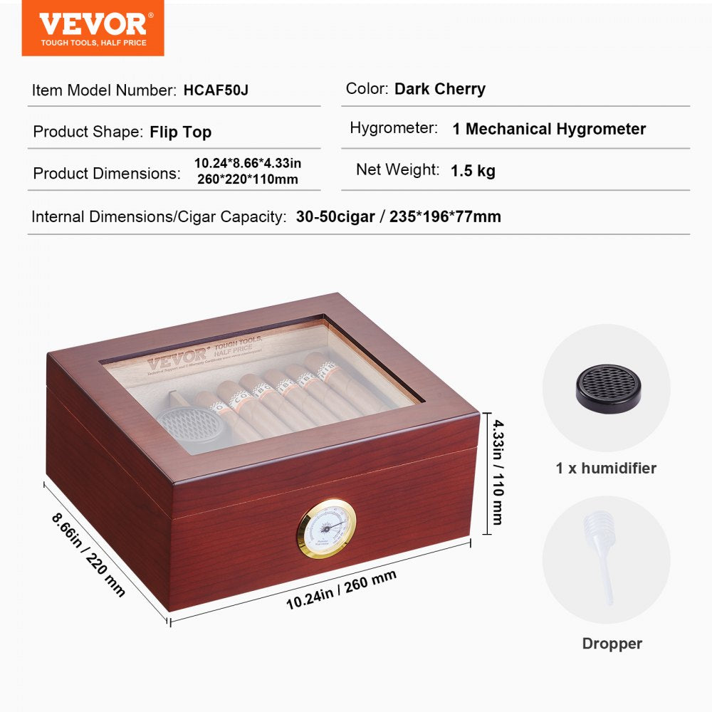 50 Cigars Humidor Glasstop Cedar Cigar Storage Box Humidifier Hygrometer