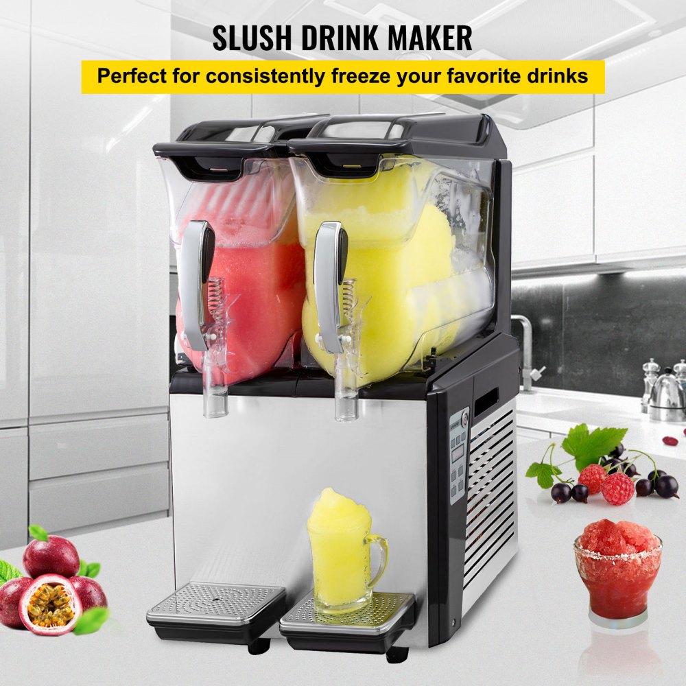110V Slushy Machine 20L Double Bowl  Frozen Drink Maker 900W Automatic Clean Day and Night Modes for Supermarkets Cafes Restaurants Snack Bars Commercial Use